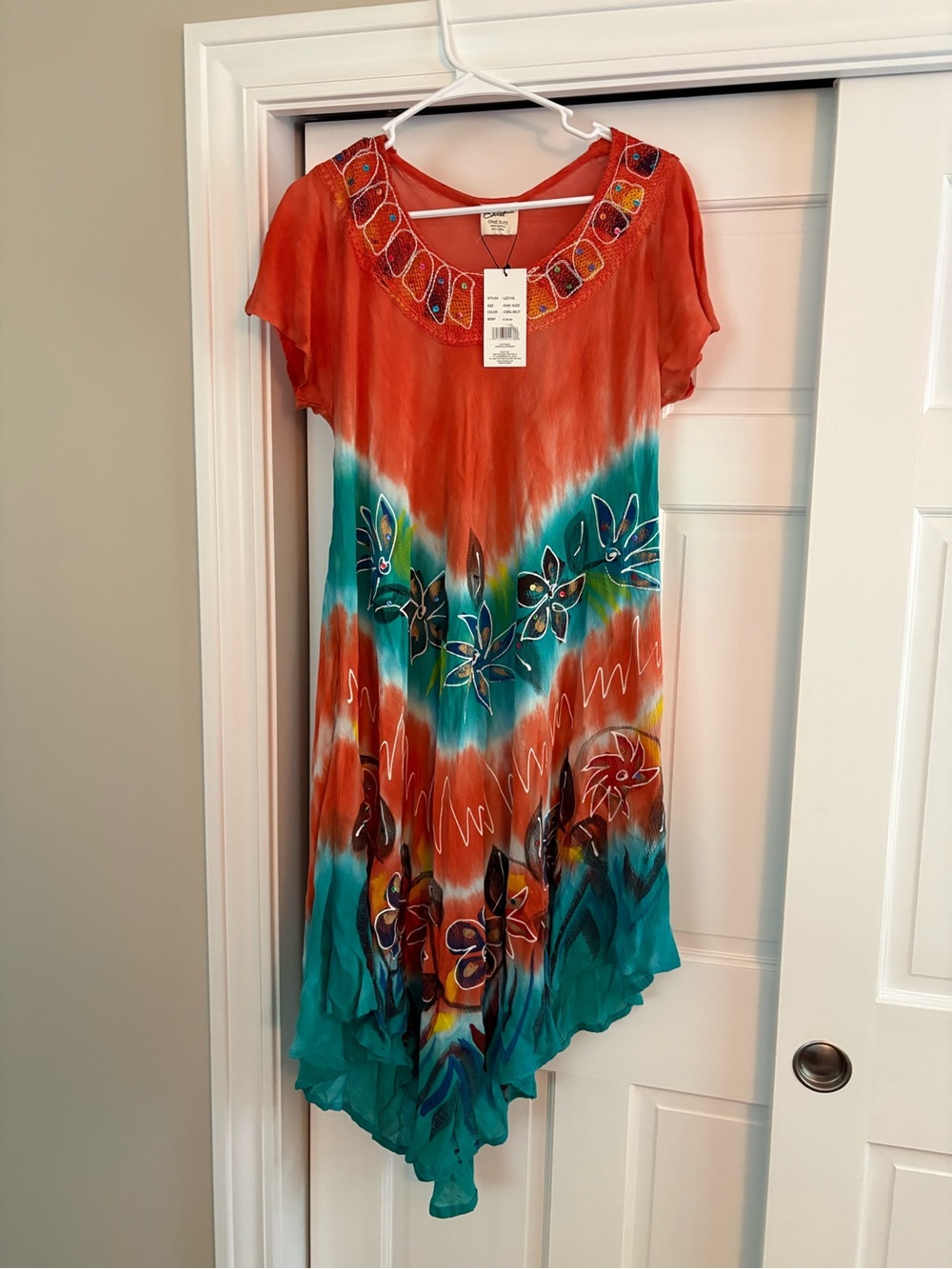Hand-Painted Tie-Dye Floral Beach Dress in Coral & Teal